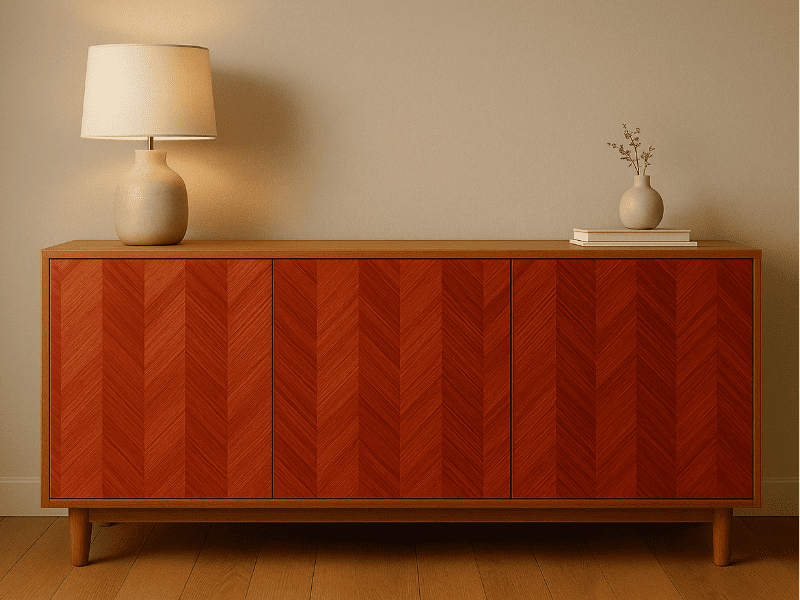 buffet marqueterie de paille rouge - décor généré par IA