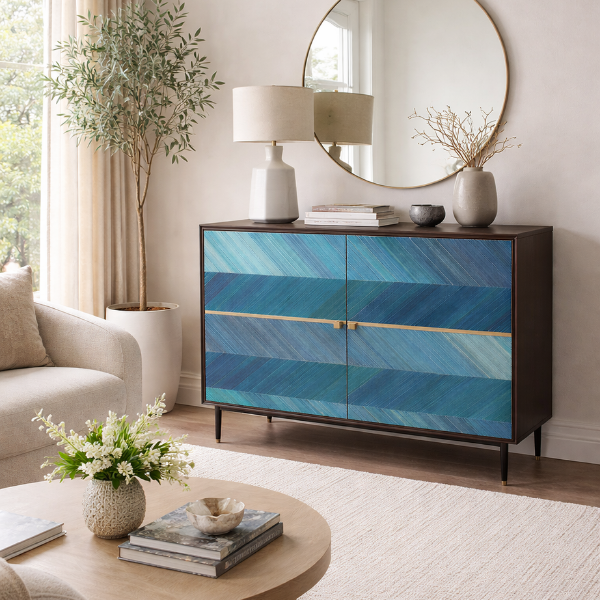 Image générée par IA avec le motif de chevrons bleu de l'atelier